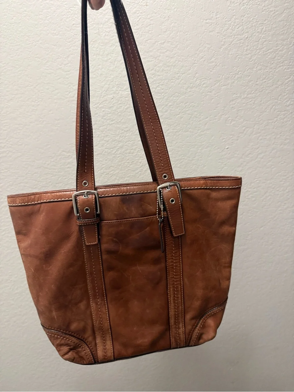 Vintage Coach Brown Leather Tote with Buckle Strap Details